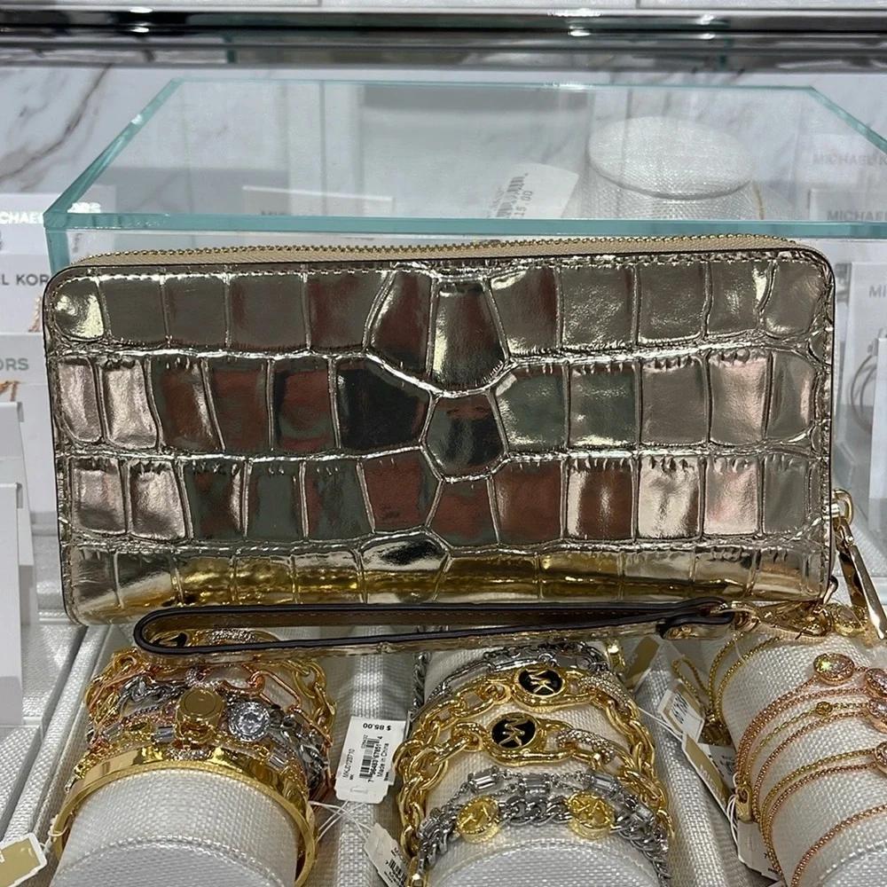 Michael Kors JtSet Travel Metallic Crocodile Embossed Leather Continental Wallet